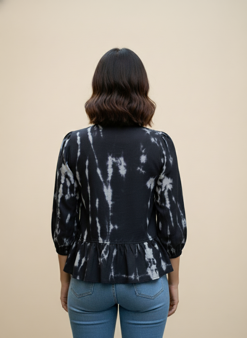 Midnight Tie-Dye Cotton Peplum Top with Front Tie-Up Detail