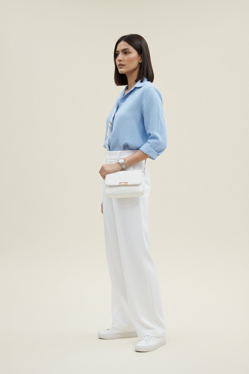Solid Blue Linen 3/4 Sleeve Shirt for Women