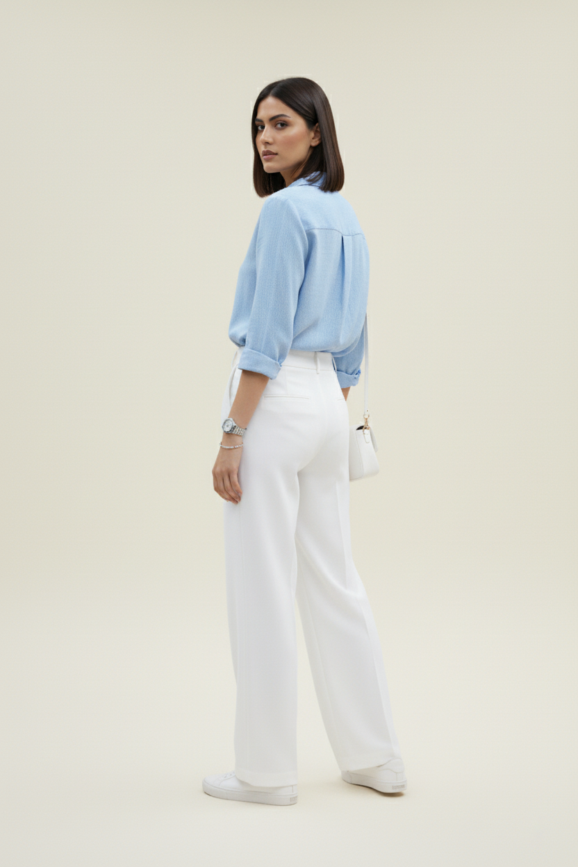 Solid Blue Linen 3/4 Sleeve Shirt for Women