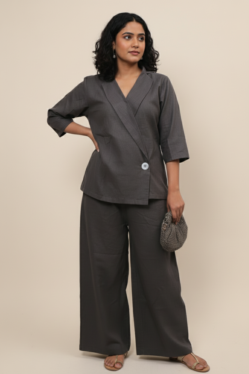 Oversized Grey Linen Angrakhaa Style Coat for Women