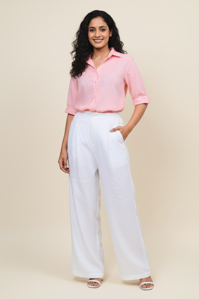 Solid Pink Linen 3/4 Sleeve Shirt for Women