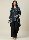 Indigo Blue Tie-Dye Skirt Top & Front Cut Long Skirt Satin Linen Co-ord Set