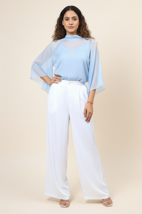 Blue High Neck Oversized Top for Women  Cute Basic Top with Inner Layer