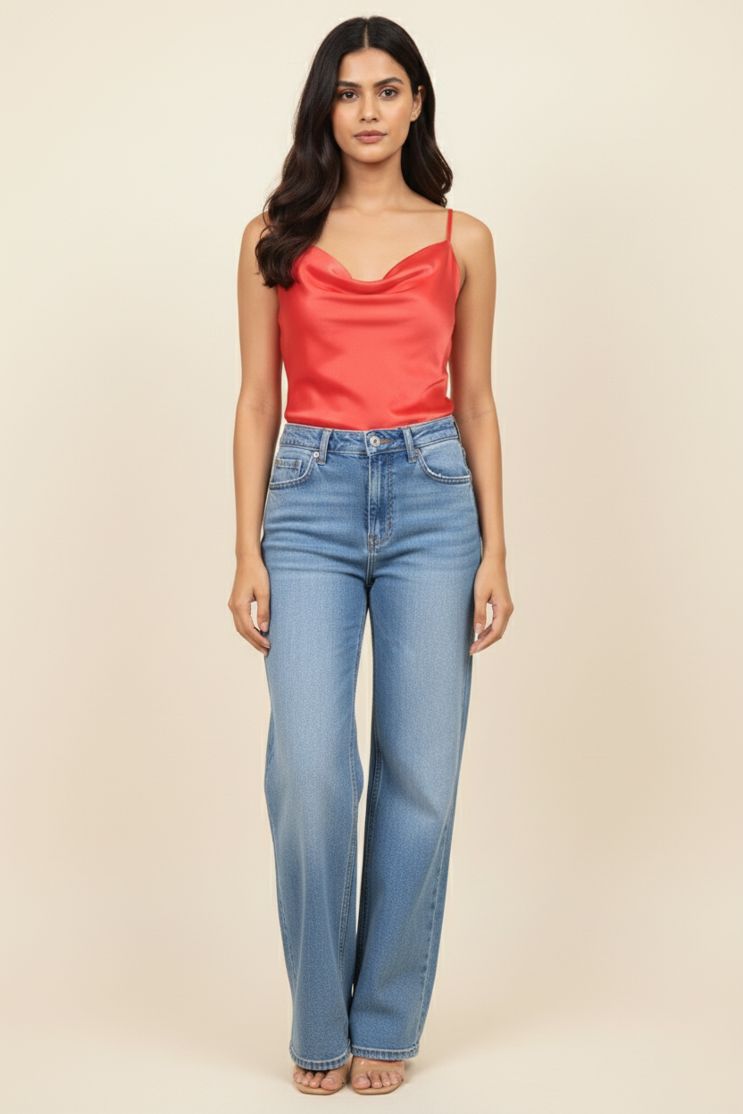 Women’s Red Tube Top – Silk Spaghetti Strap Tank with Cowl Neck Design