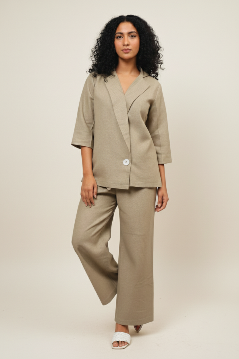 Oversized Olive Green Linen  Angrakhaa Style Co-ord Set for Women
