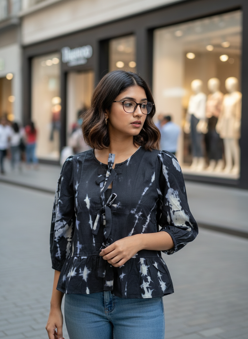 Midnight Tie-Dye Cotton Peplum Top with Front Tie-Up Detail