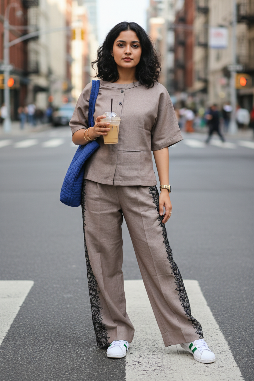 Oversized Designer Co-ord Set | Women's Beige Boat Neck Top & Bottom