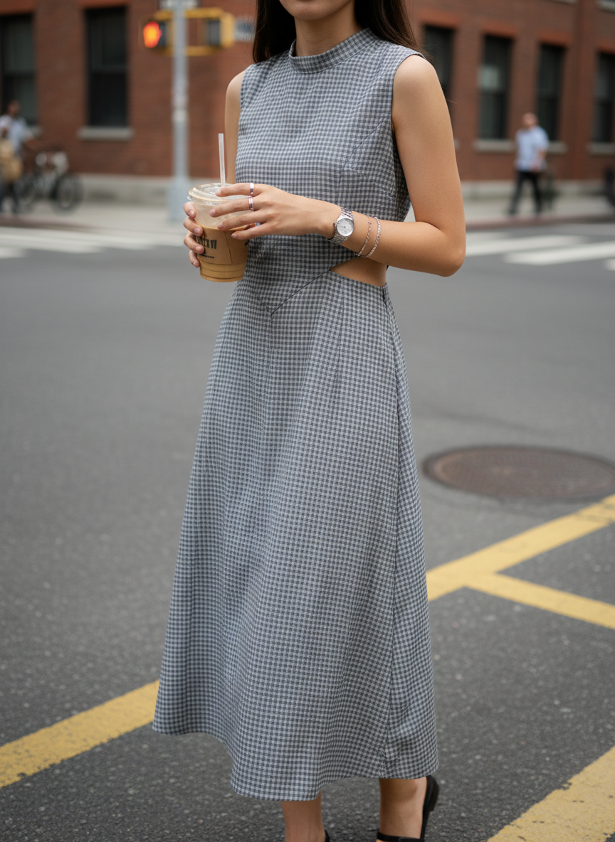 Grey One-Piece Dress – Elegant Sidecut & Checks Print Design
