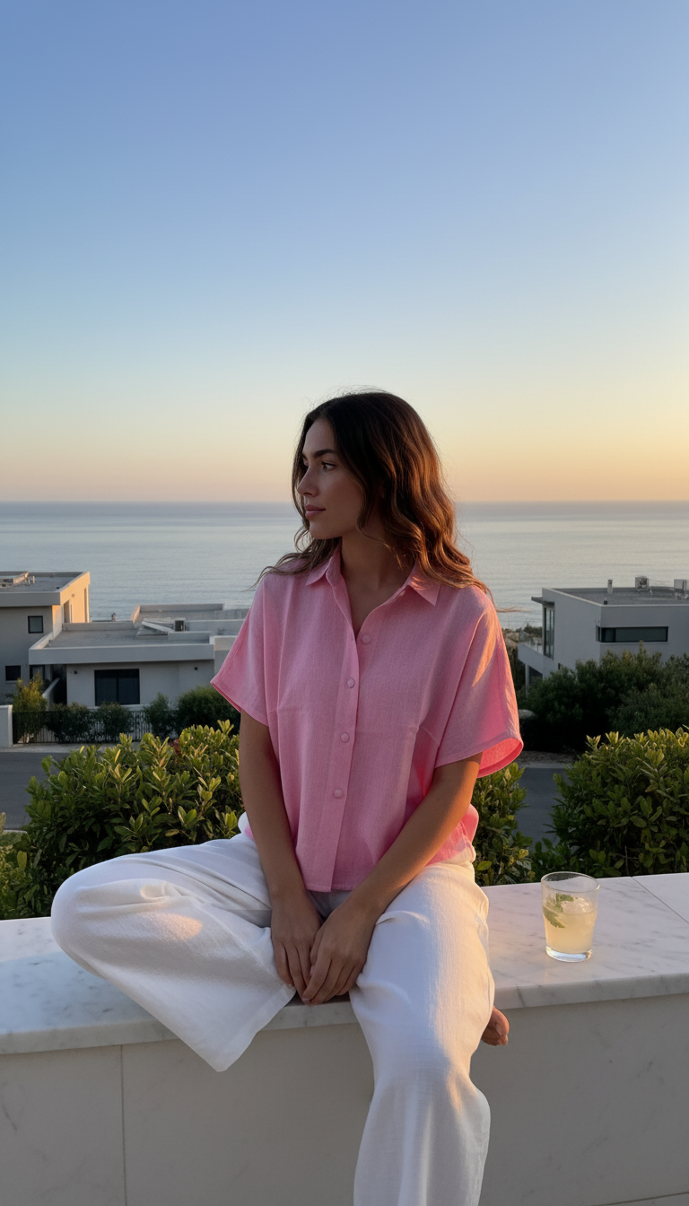 Linen Oversized Shirt for Women  Breathable Pink halfSleevel Shirt