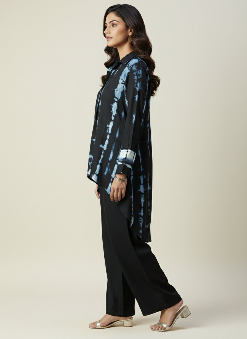 Indigo Blue Tie-Dye Skirt Top & Front Cut Long Skirt Satin Linen Co-ord Set