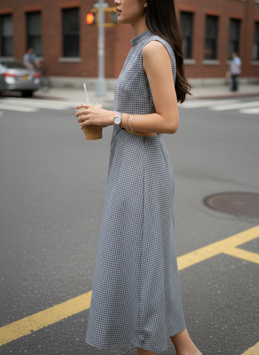 Grey One-Piece Dress – Elegant Sidecut & Checks Print Design