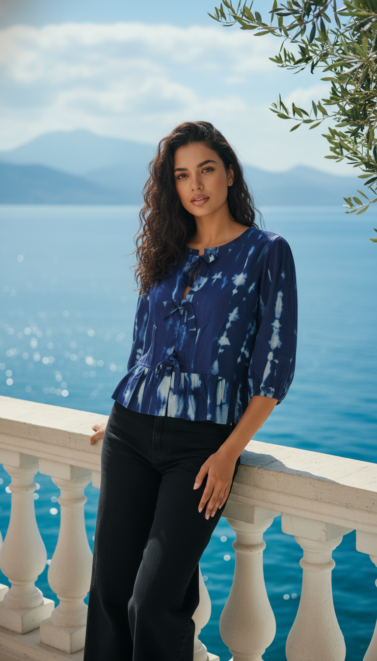 Indigoblue Tie-Dye Cotton Peplum Top with Front Tie-Up Detail