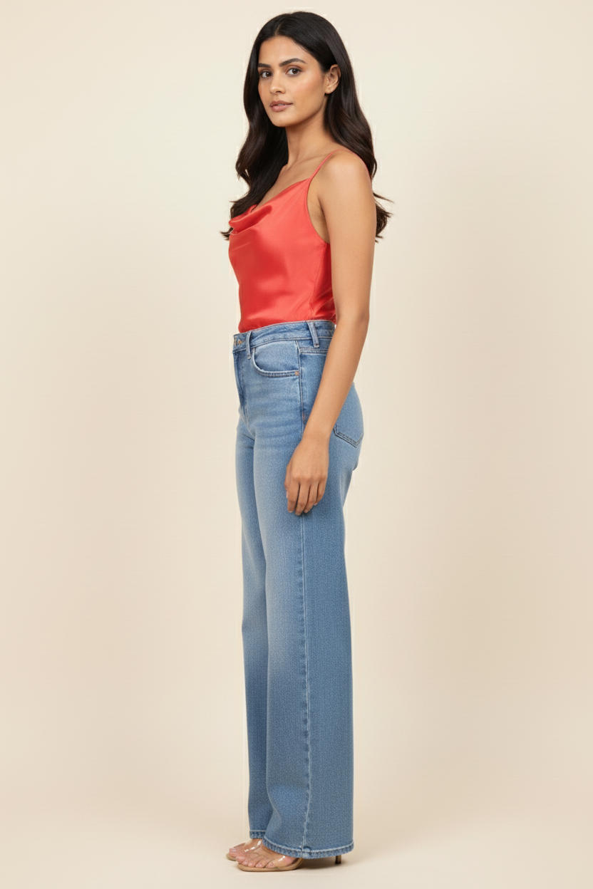 Women’s Red Tube Top – Silk Spaghetti Strap Tank with Cowl Neck Design