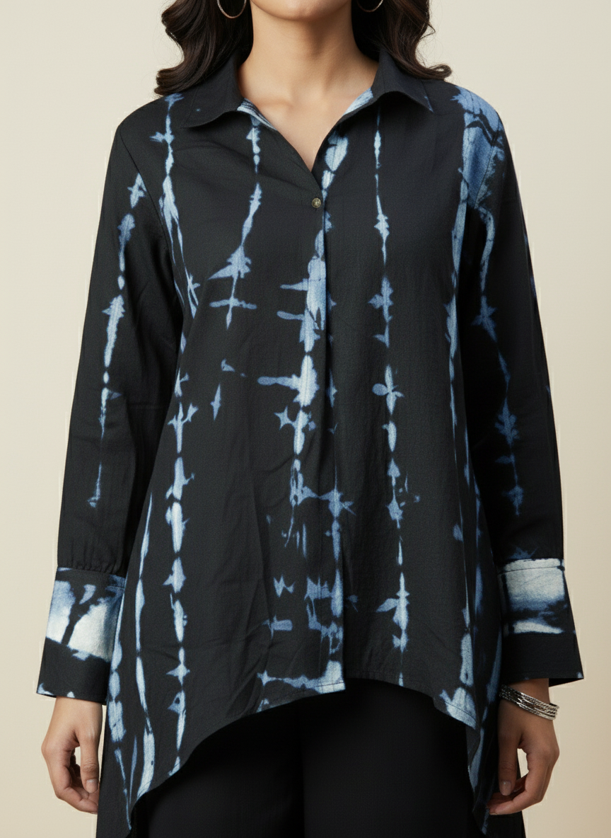 Indigo Blue Tie-Dye Skirt Top & Front Cut Long Skirt Satin Linen Co-ord Set