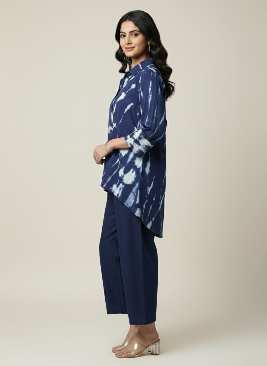 Indigo Tie-dye Up Down Long Top Co-ord Set for Women – Oversized Style