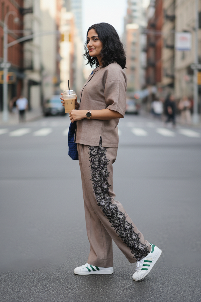 Oversized Designer Co-ord Set | Women's Beige Boat Neck Top & Bottom