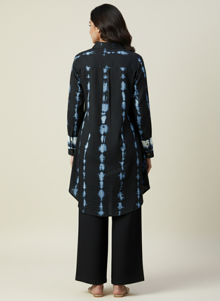 Indigo Blue Tie-Dye Skirt Top & Front Cut Long Skirt Satin Linen Co-ord Set