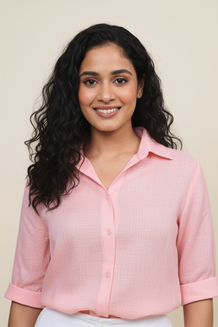 Solid Pink Linen 3/4 Sleeve Shirt for Women