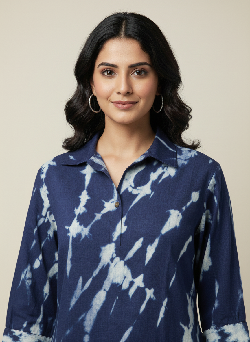 Indigo Tie-dye Up Down Long Top Co-ord Set for Women – Oversized Style