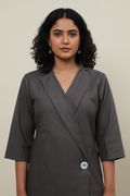 Oversized Grey Linen Angrakhaa Style Coat for Women