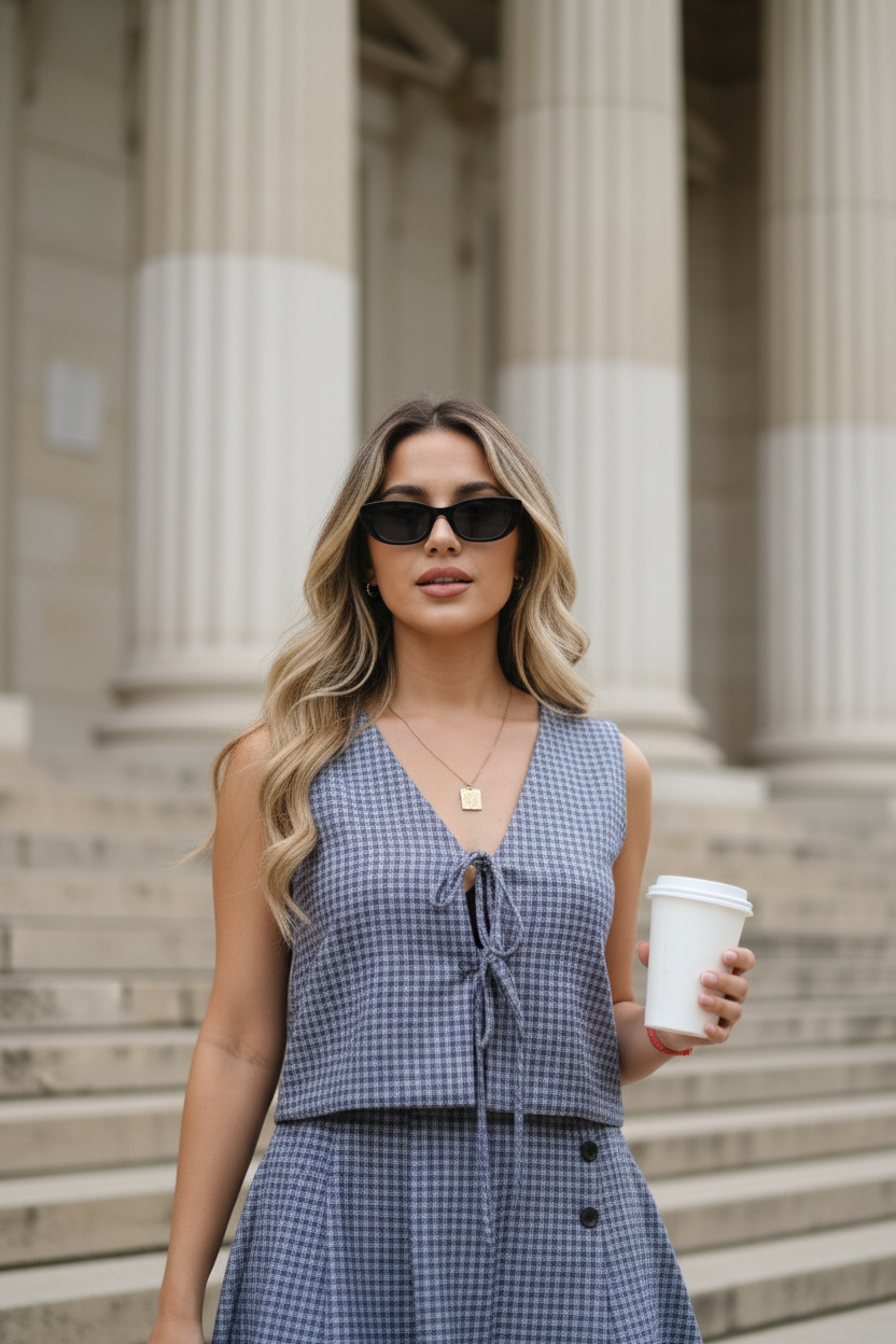 Grey Checks Linen Tie-Front Crop Top | Korean Style V-Neck Tie-Up Top