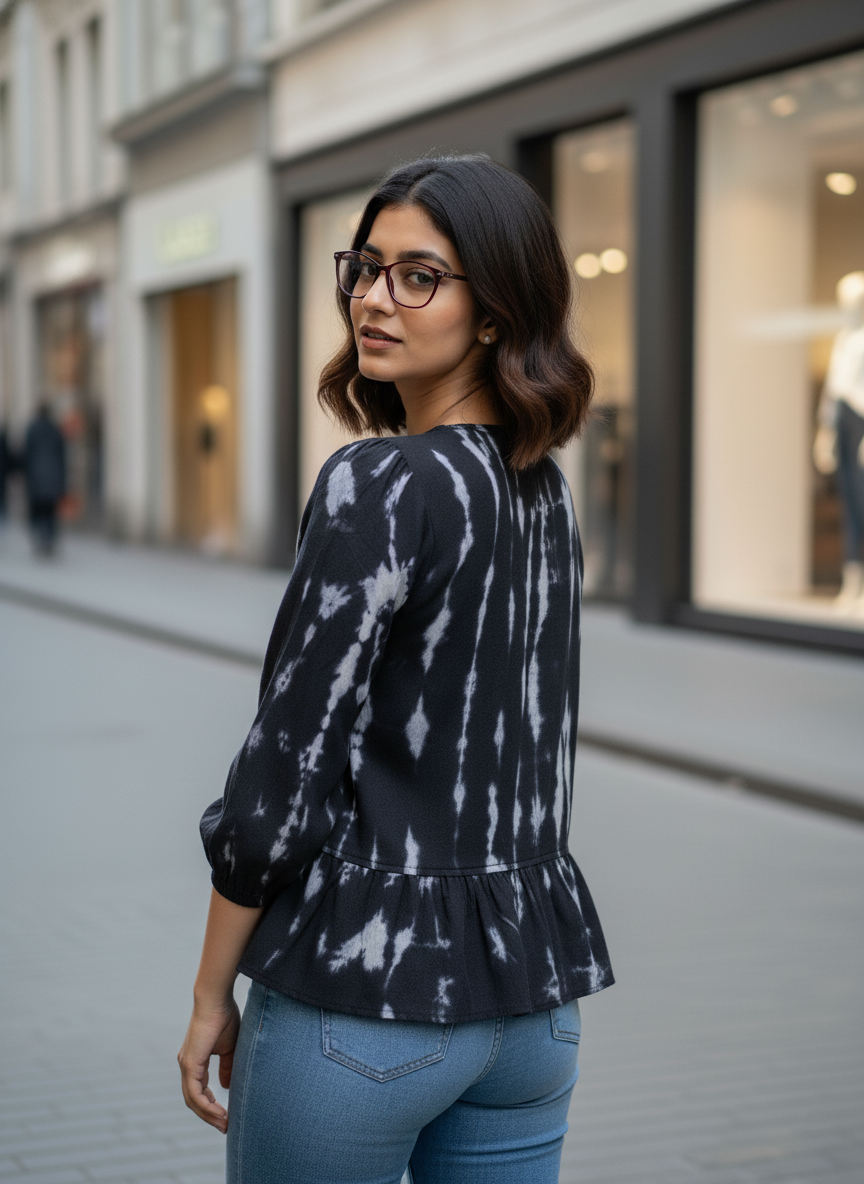 Midnight Tie-Dye Cotton Peplum Top with Front Tie-Up Detail