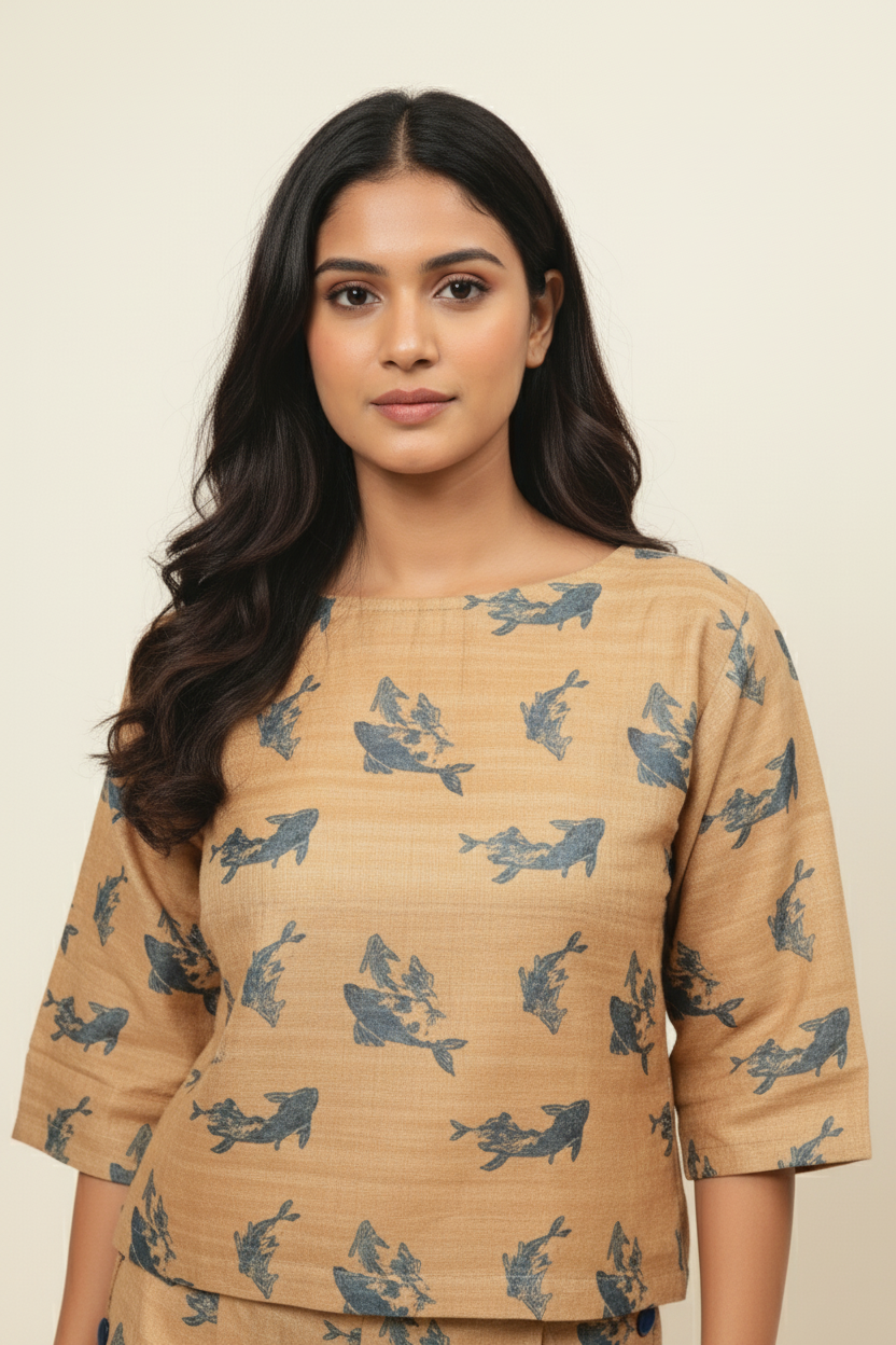 Oversized Fish Print Co-ord Set for Women  Trendy Shorts & Top Matching Outfit