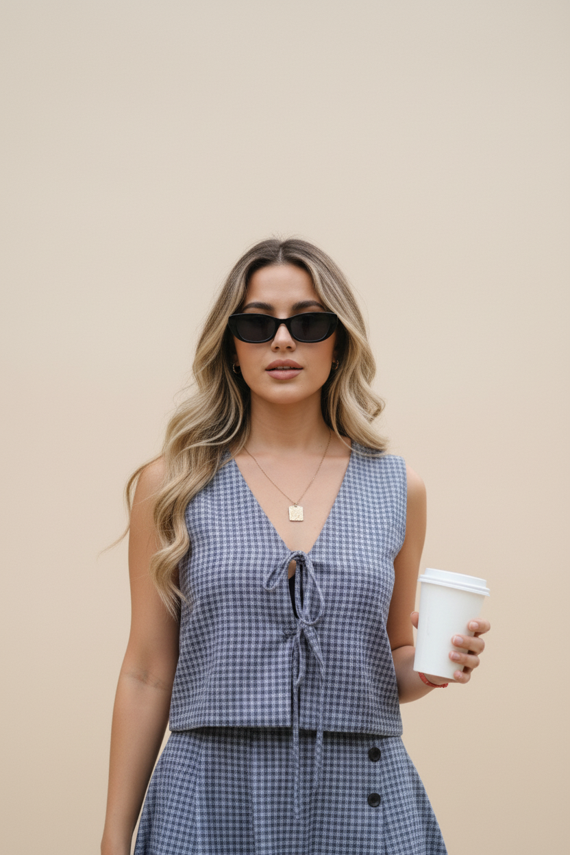 Grey Summer Dress & School Girl Skirt  Chic Checks Print Co-ord