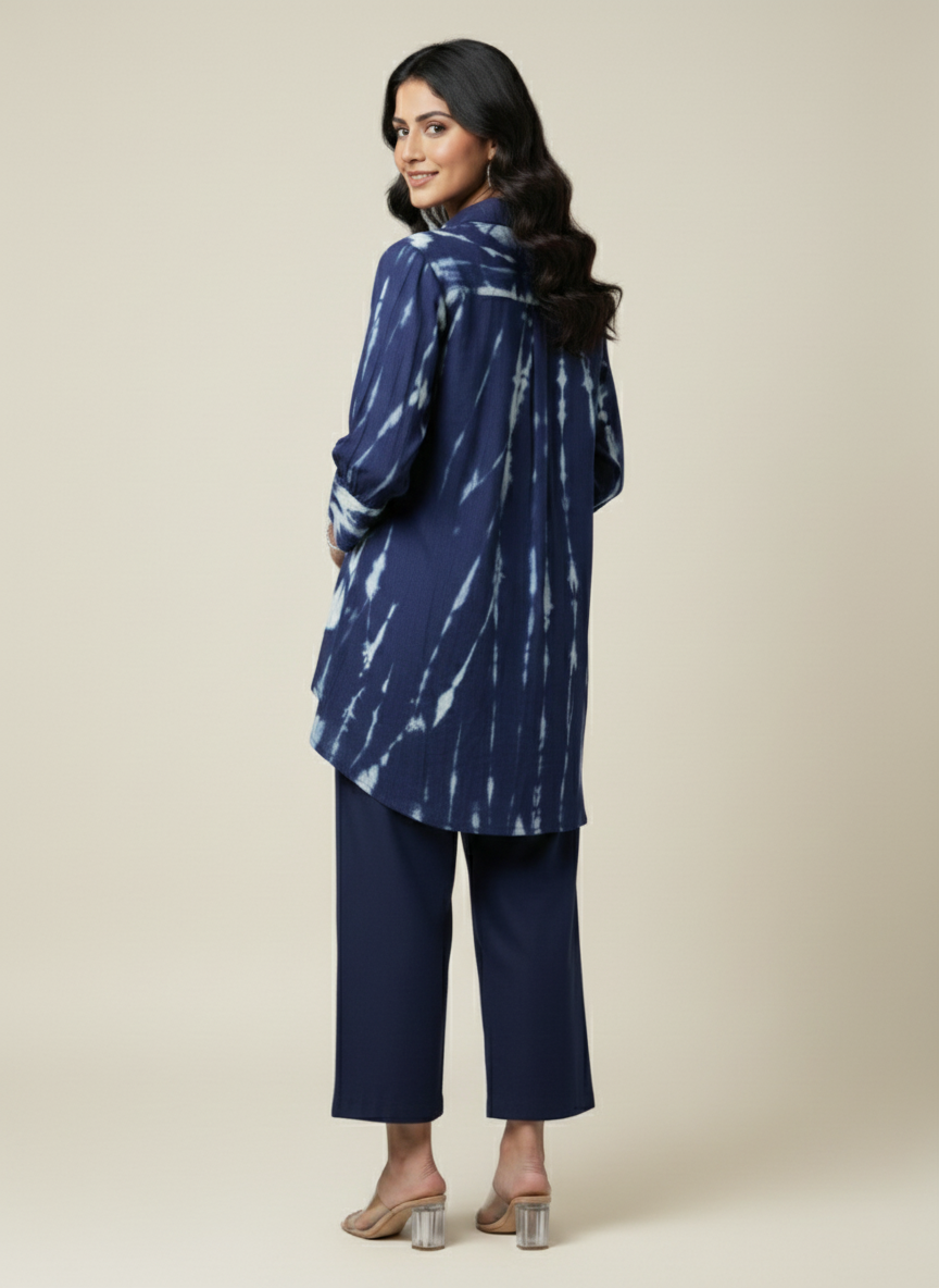 Indigo Tie-dye Up Down Long Top Co-ord Set for Women – Oversized Style