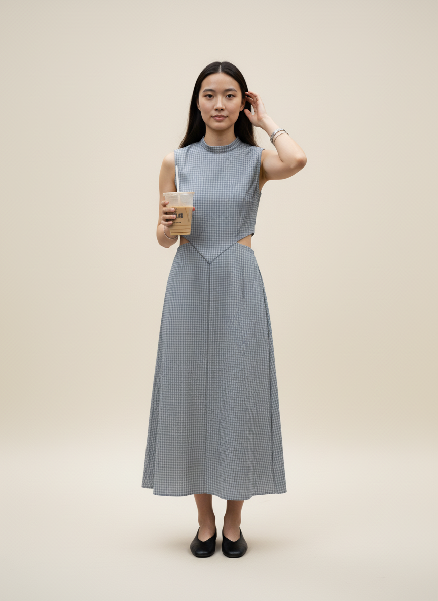 Grey One-Piece Dress – Elegant Sidecut & Checks Print Design