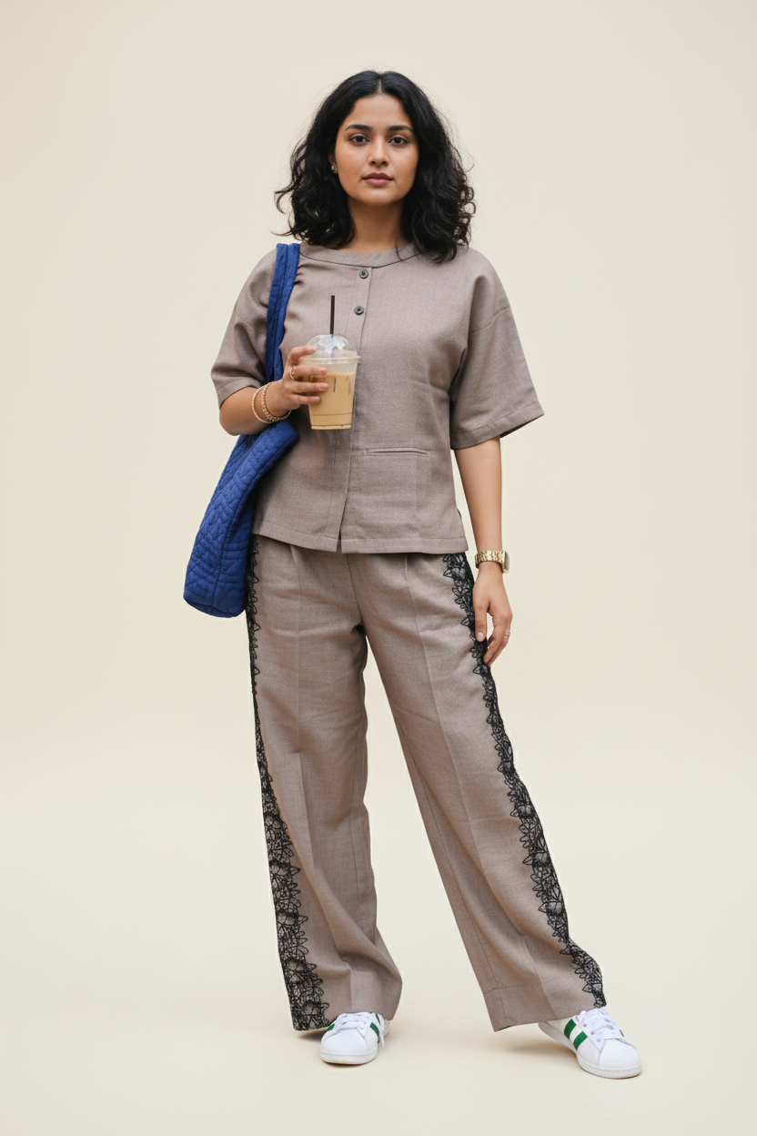 Oversized Designer Co-ord Set | Women's Beige Boat Neck Top & Bottom