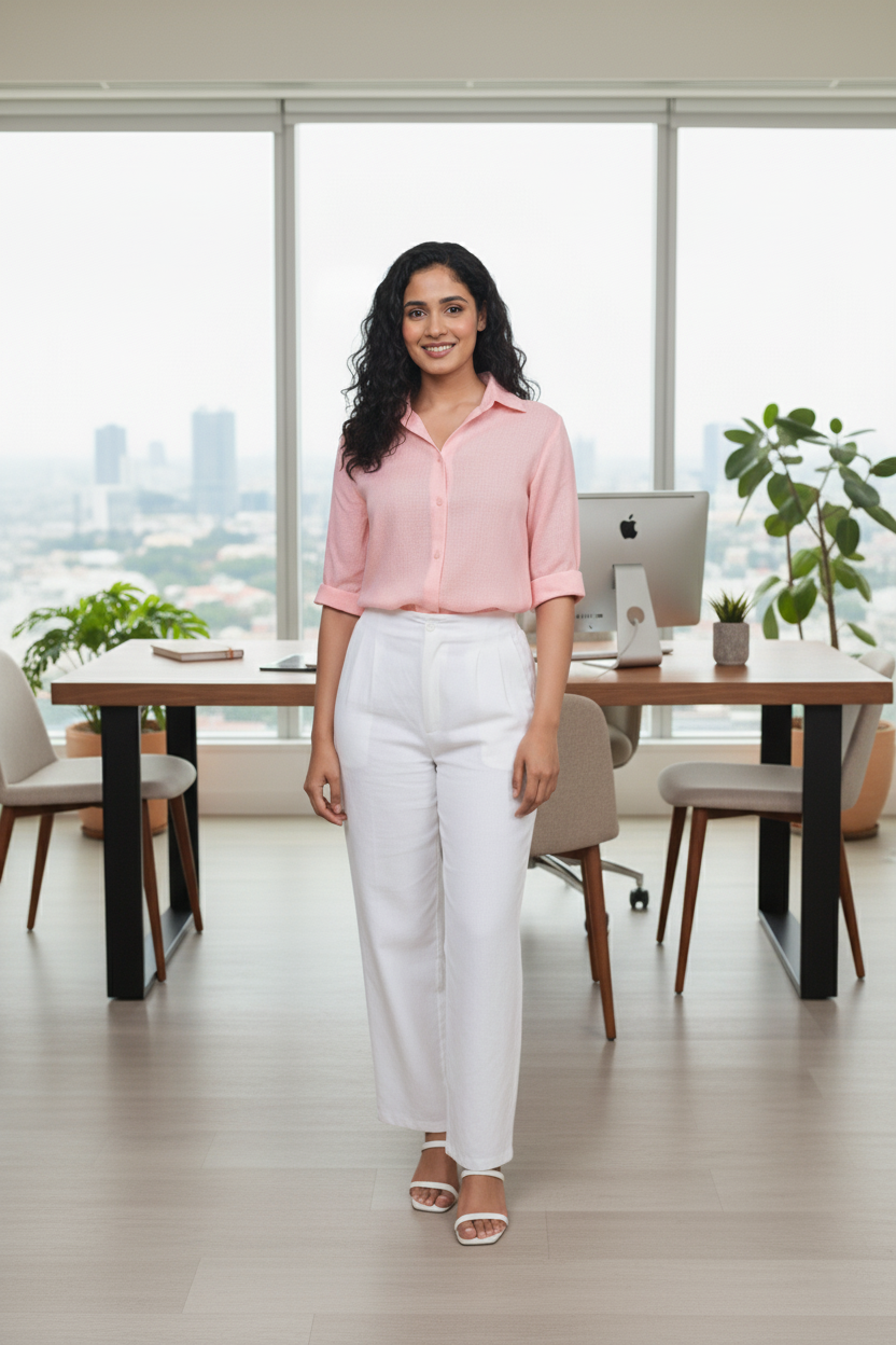 Solid Pink Linen 3/4 Sleeve Shirt for Women