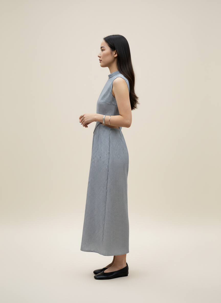 Grey One-Piece Dress – Elegant Sidecut & Checks Print Design