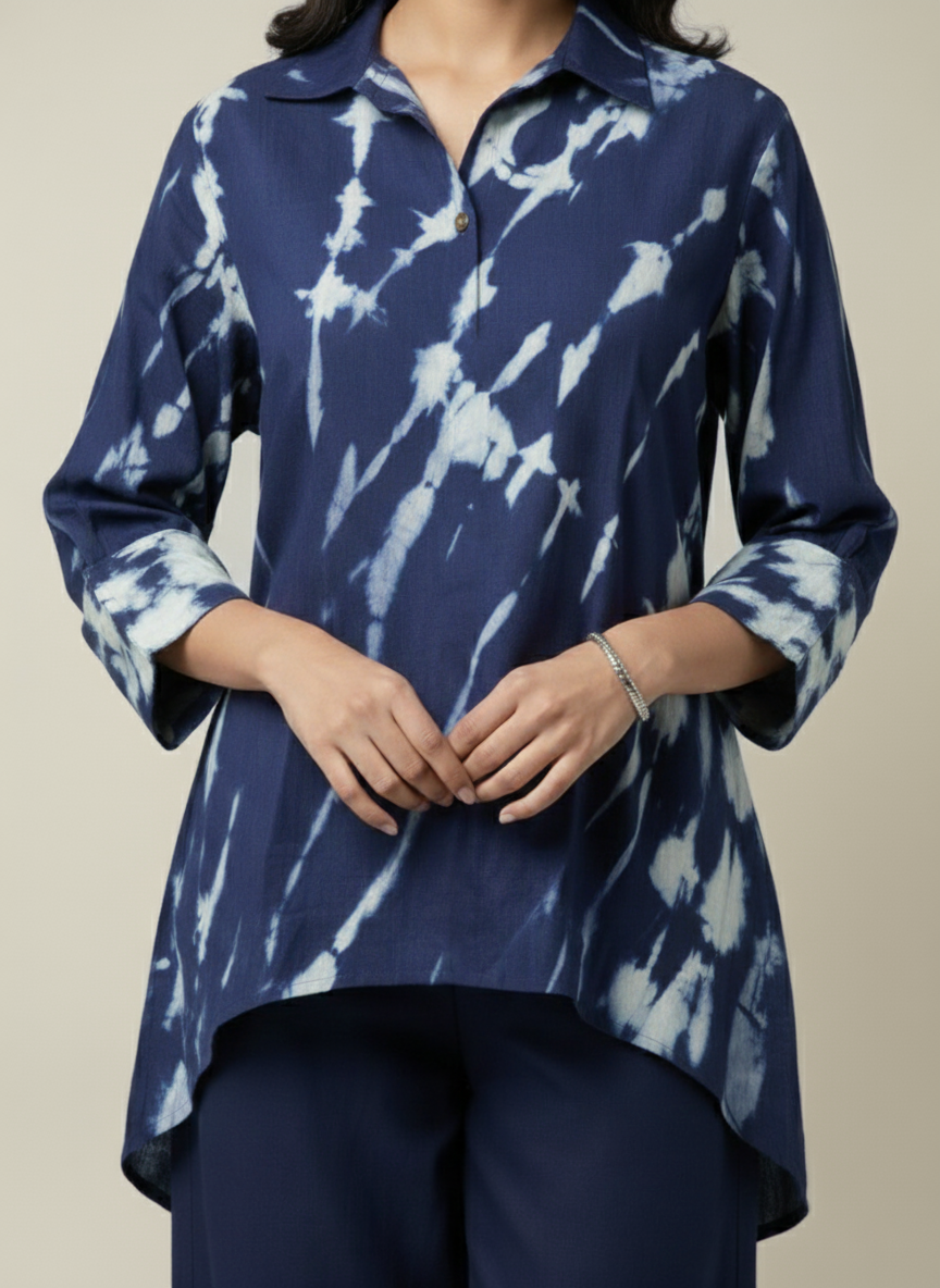Indigo Tie-dye Up Down Long Top Co-ord Set for Women – Oversized Style