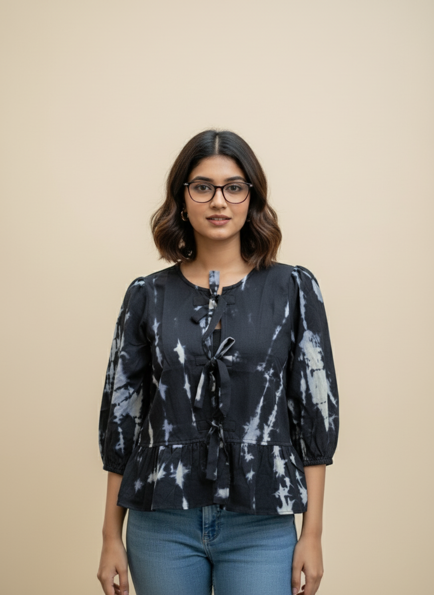 Midnight Tie-Dye Cotton Peplum Top with Front Tie-Up Detail