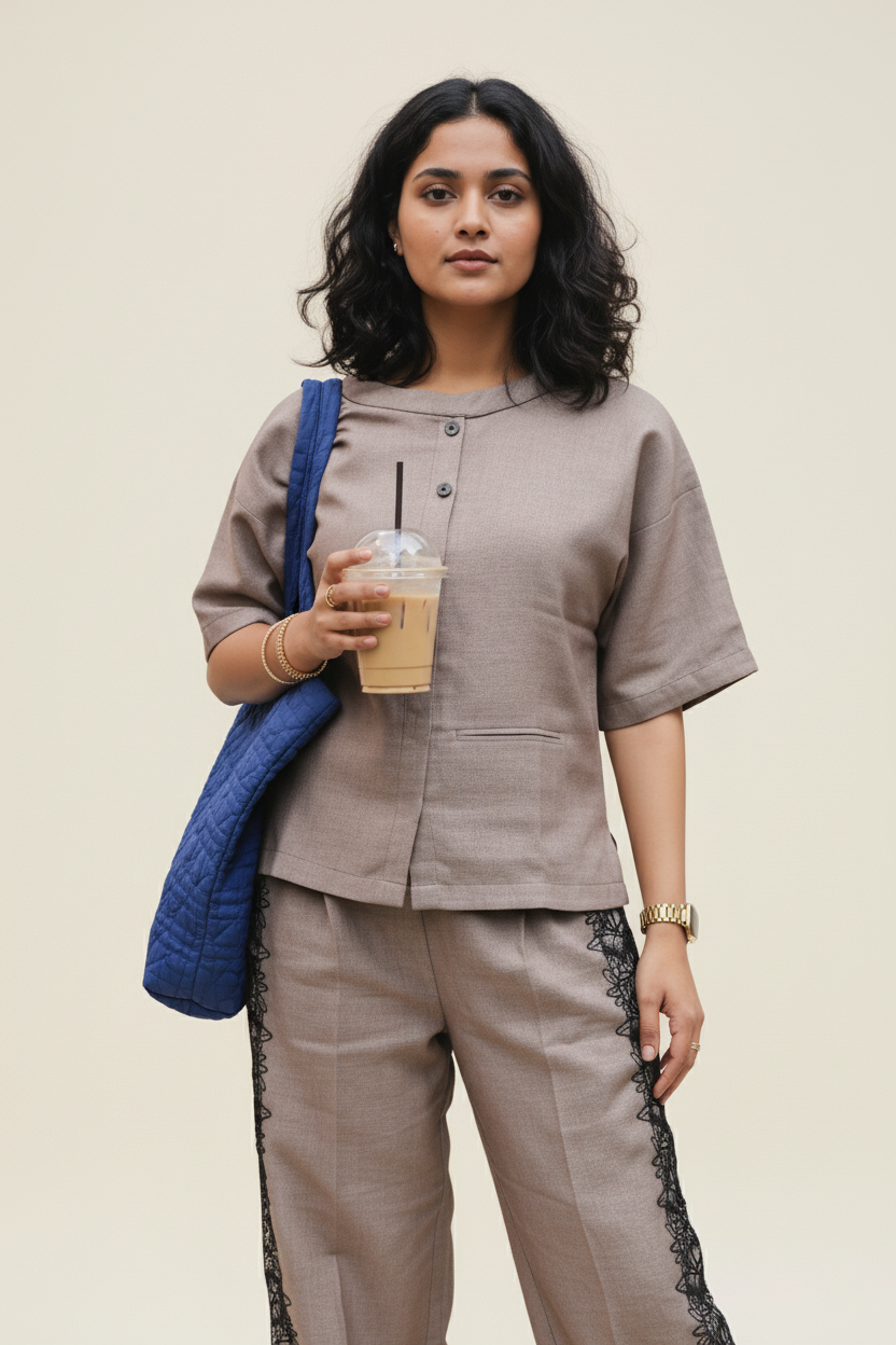 Oversized Designer Co-ord Set | Women's Beige Boat Neck Top & Bottom