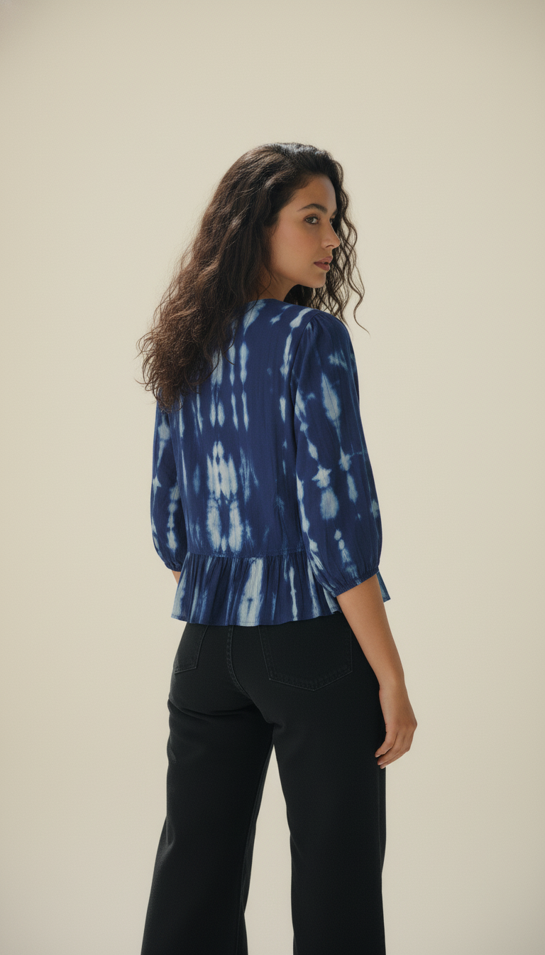 Indigoblue Tie-Dye Cotton Peplum Top with Front Tie-Up Detail