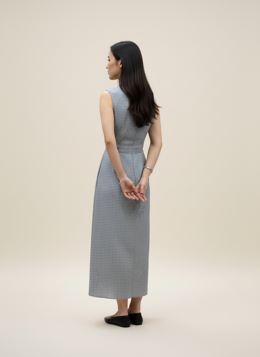 Grey One-Piece Dress – Elegant Sidecut & Checks Print Design