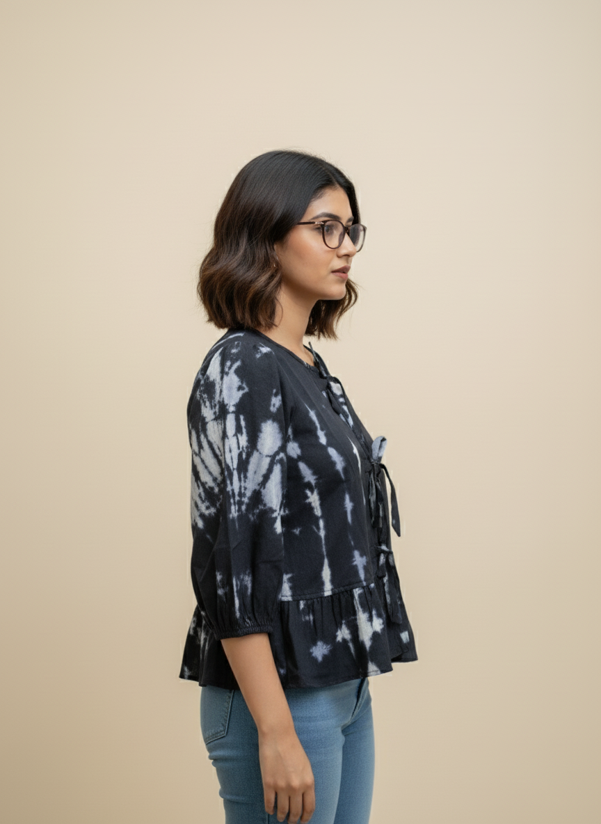Midnight Tie-Dye Cotton Peplum Top with Front Tie-Up Detail