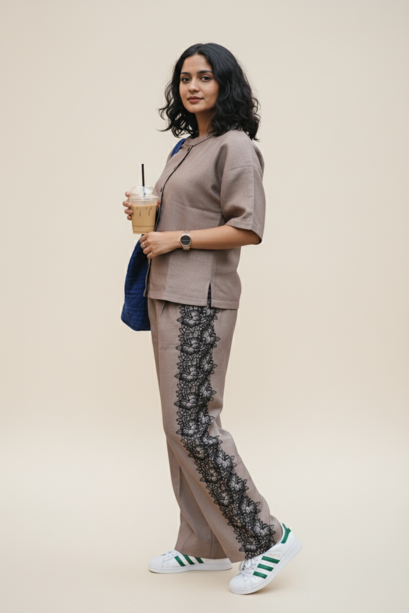 Oversized Designer Co-ord Set | Women's Beige Boat Neck Top & Bottom