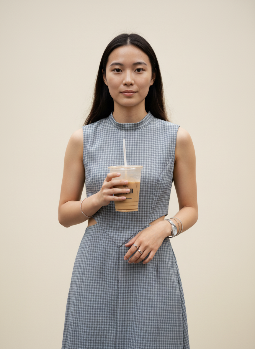 Grey One-Piece Dress – Elegant Sidecut & Checks Print Design