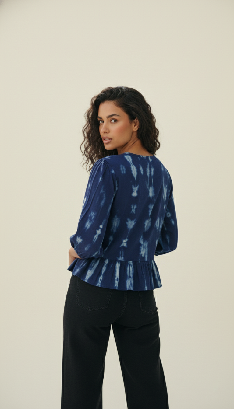 Indigoblue Tie-Dye Cotton Peplum Top with Front Tie-Up Detail