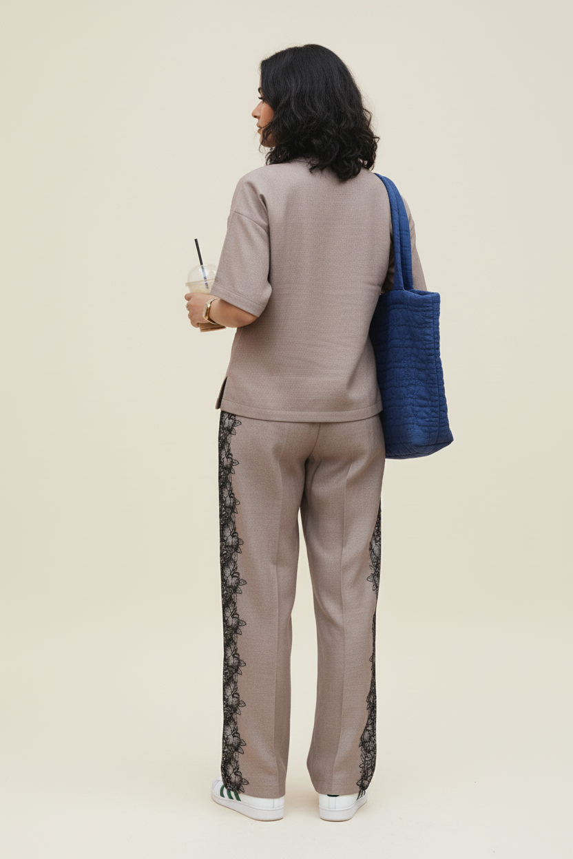 Oversized Designer Co-ord Set | Women's Beige Boat Neck Top & Bottom