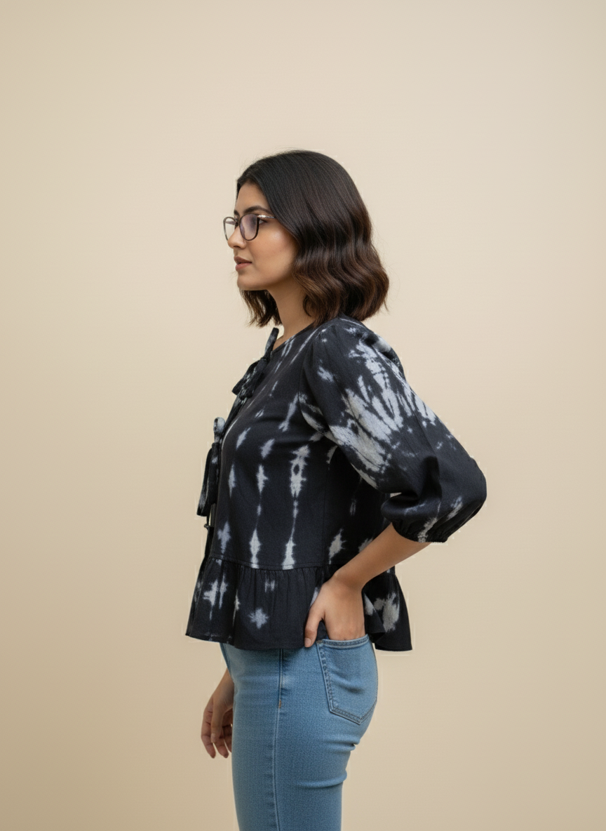 Midnight Tie-Dye Cotton Peplum Top with Front Tie-Up Detail