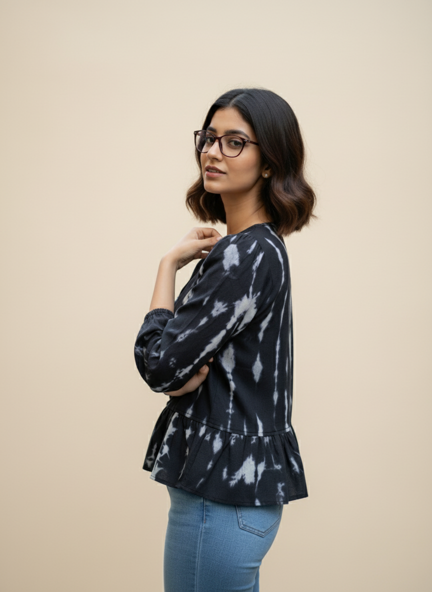 Midnight Tie-Dye Cotton Peplum Top with Front Tie-Up Detail