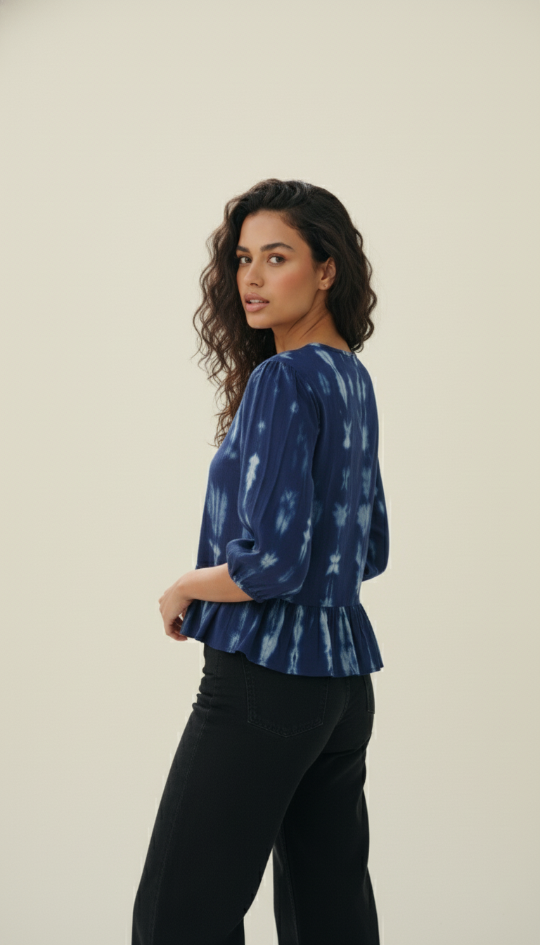 Indigoblue Tie-Dye Cotton Peplum Top with Front Tie-Up Detail