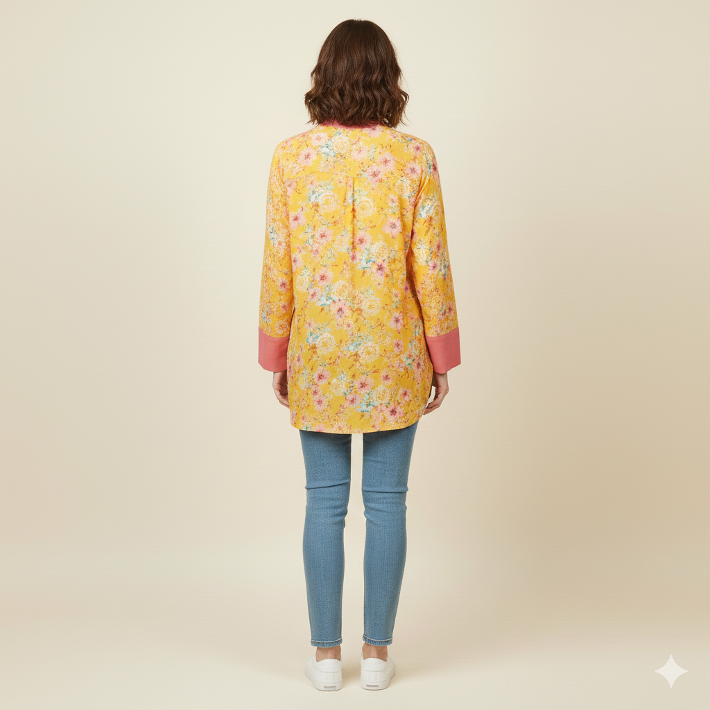 Yellow Printed Chiness Collor Cotton Shirt