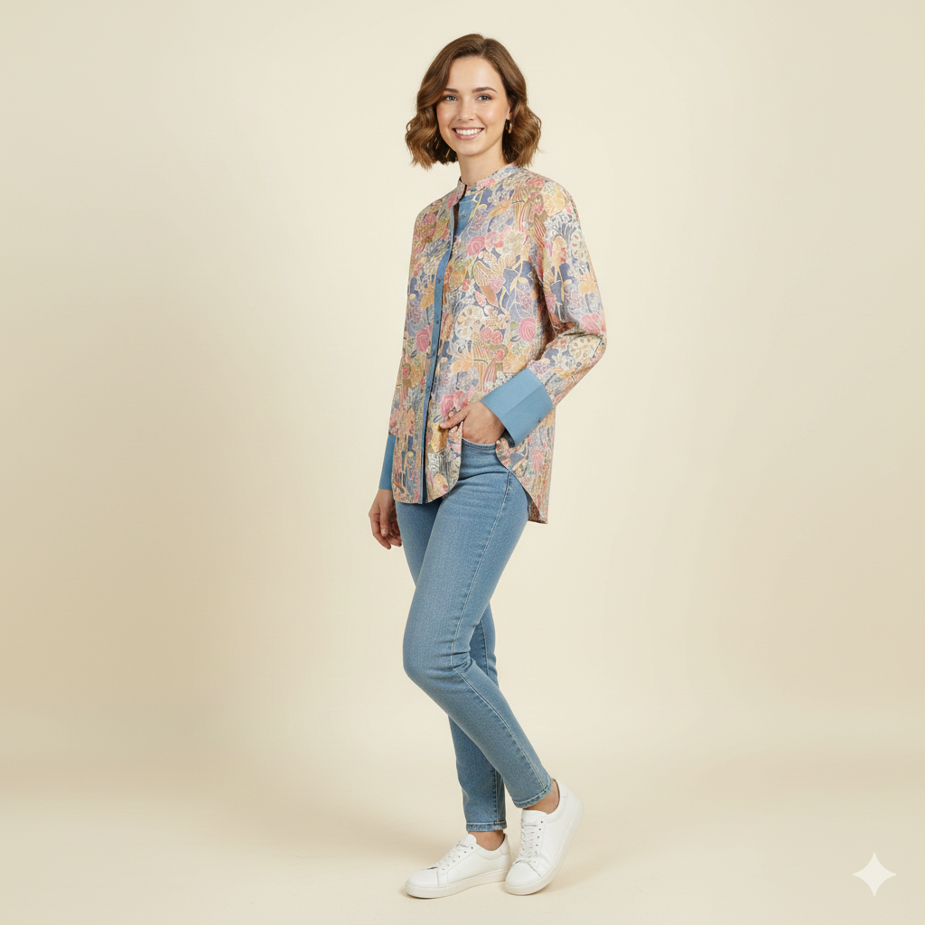 Dusty Blue Printed Chiness Collor Cotton Shirt