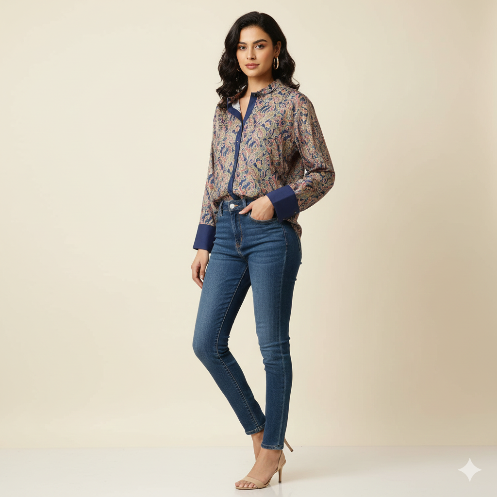 Dark Blue Printed Chiness Collor Cotton Shirt