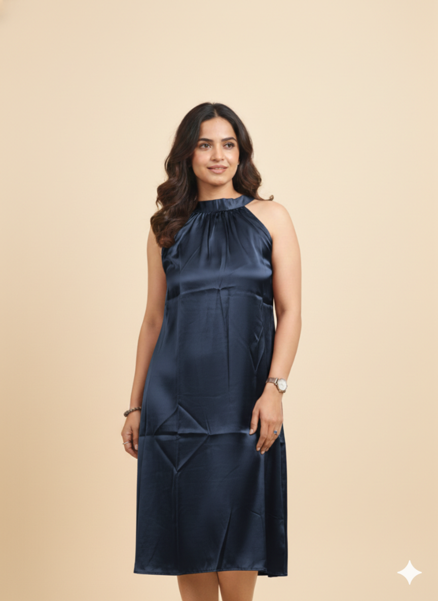 Royal Blue Satin Halter Neckl one pic for Party Wear Women